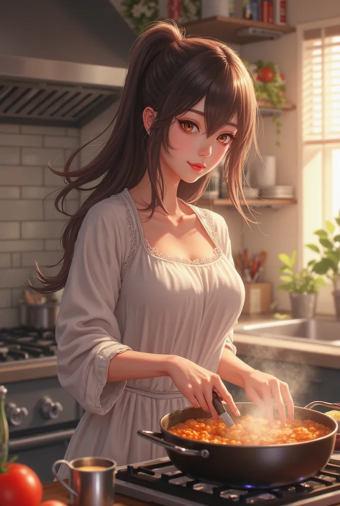 Sexy hot anime girl cooking in kitchen