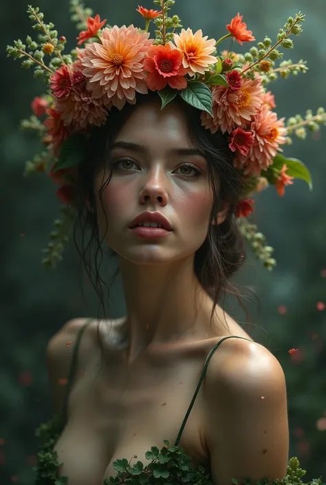 A woman with only flovers on the head, very sexy , lust, erotic, she stares in the camera to seduce, dark light seductive soft porn, so lusyful, her expression is sexual exstasy. sexual power of nature naked mother earth