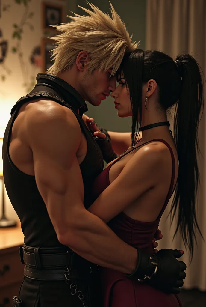 Make me a full body image of cloud strife and tifa Lockhart standing in a room while making out