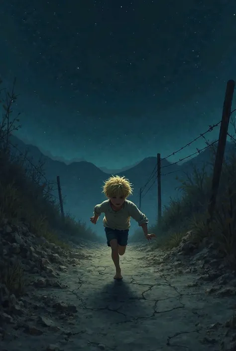 Draw a blind blond boy running away at night, crossing the border.