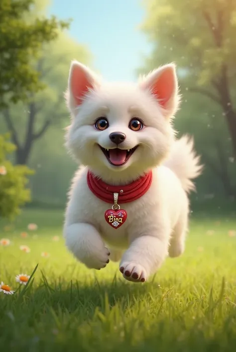 Create an image of a white dog, Medium-sized and short fuzzy, smiling and playing on the lawn, wearing a red necklace with diamond details, And on the necklace a pendant written "Bina "