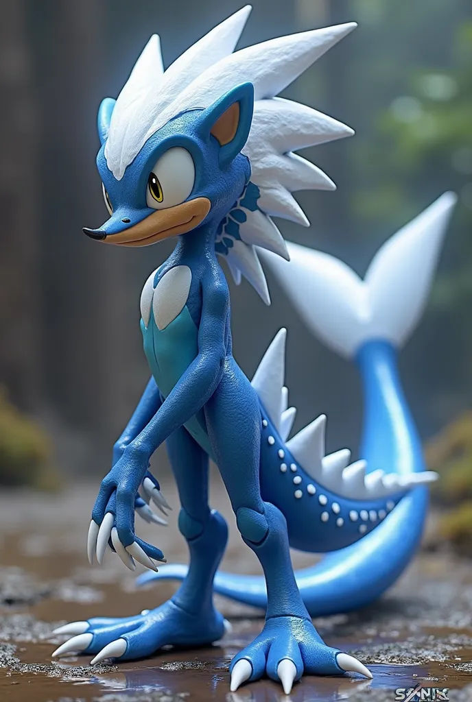 A character from the sonic universe. in blue and white.  slim muscular body . white pleura. A shark tail. Serrated quills with white highlights.  golden eyes. 