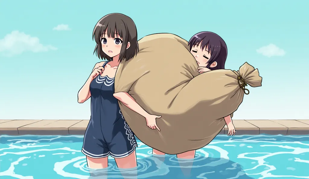 anime style, Japanese school swimsuit (navy blue with white trim), Yukari Yakumo centered at 60% horizontal position carrying oversized bulging burlap sack tied with rope on back, Reimu Hakurei at left 30% horizontal position with annoyed expression, Yukar...