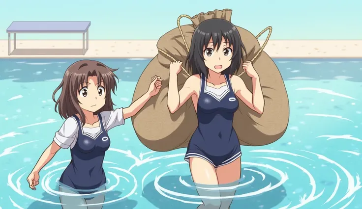 anime style, Japanese school swimsuit (navy blue with white trim),touhou project, Yukari Yakumo centered at 60% horizontal position carrying oversized bulging burlap sack tied with rope on back, Reimu Hakurei at left 30% horizontal position with annoyed ex...