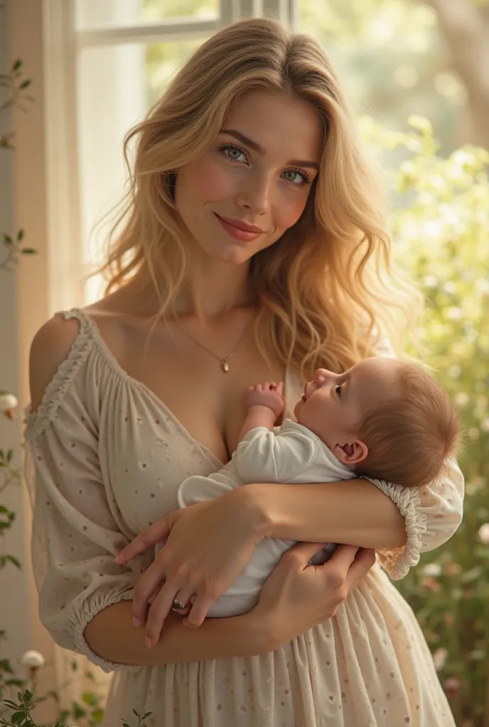 I want a white woman with dark green eyes with blonde hair, medium tits, thick thighs, holding a baby boy with blond hair and green eyes. 