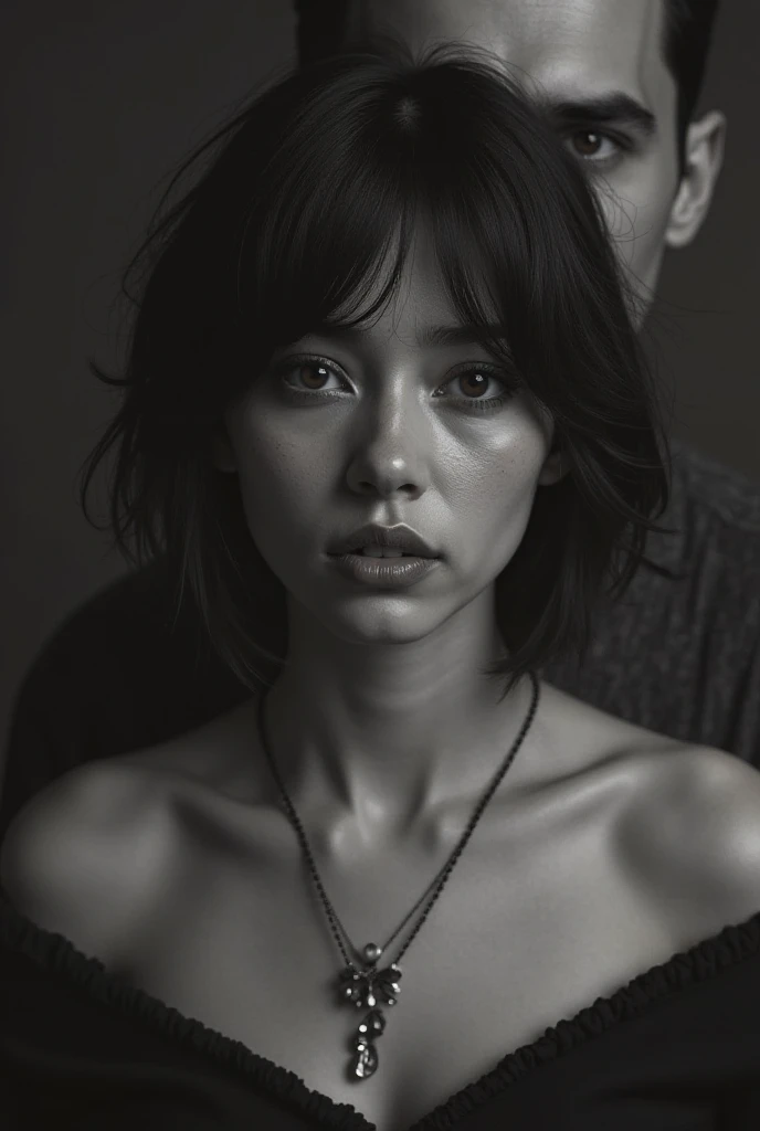 Confused and sad woman. Do the bare shoulder for me. She has short hair , Wear necklace . The image is in black and white, ranging from dark gray to light gray in an almost imperceptible gradient. And in the background is the look of a man behind her that ...