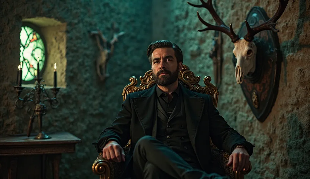 "A mysterious man with a well-groomed beard and slicked-back hair sits confidently on an ornate antique chair. He is dressed in an elegant black suit with a high-collared coat, exuding an air of authority and mystery. The dimly lit medieval-style room arou...