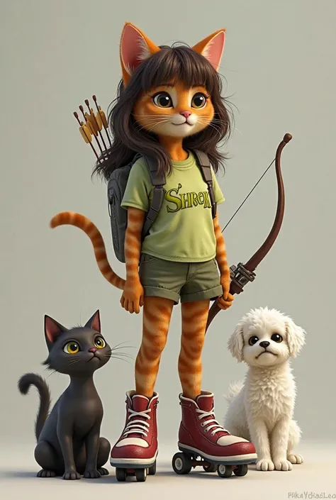 A female cat with dark brown hair, with bangs, not humanoid. She wears a Shrek t-shirt and 4-wheeled skates on two of her legs. She also has a bow and arrows. It is essential that she be accompanied by 3 pets: 1 thin tortoiseshell cat (brown and black), 1 ...