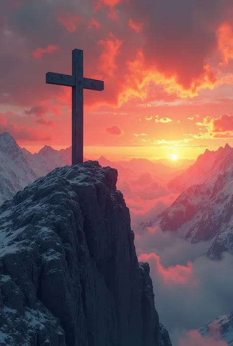 Ultra-realistic drawing of a cross on the mountain with the sunrise in the background