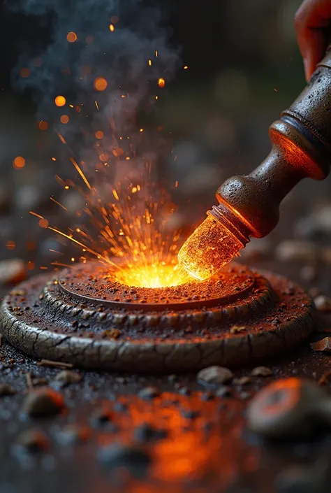 logo pour une chaine d'ambiance musicale avec une clé de sol en métal grossièrement forgé et rougeoyant,  des couleurs chaudes, une marteau de forgeron frappant la clé de sol créant des étincelles au point de contact