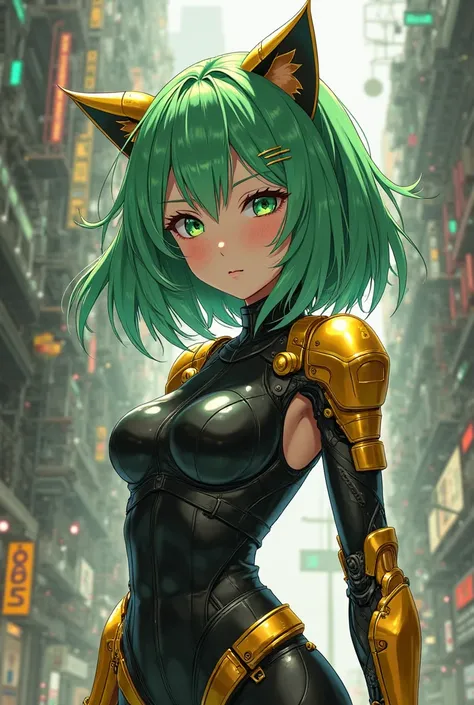 Anime girl with green hair and black outfit, detailed picture of Artgerm, New illustration, wearing a shiny gold cat costume, Cyberpunk Oppai,  biomechanical arms