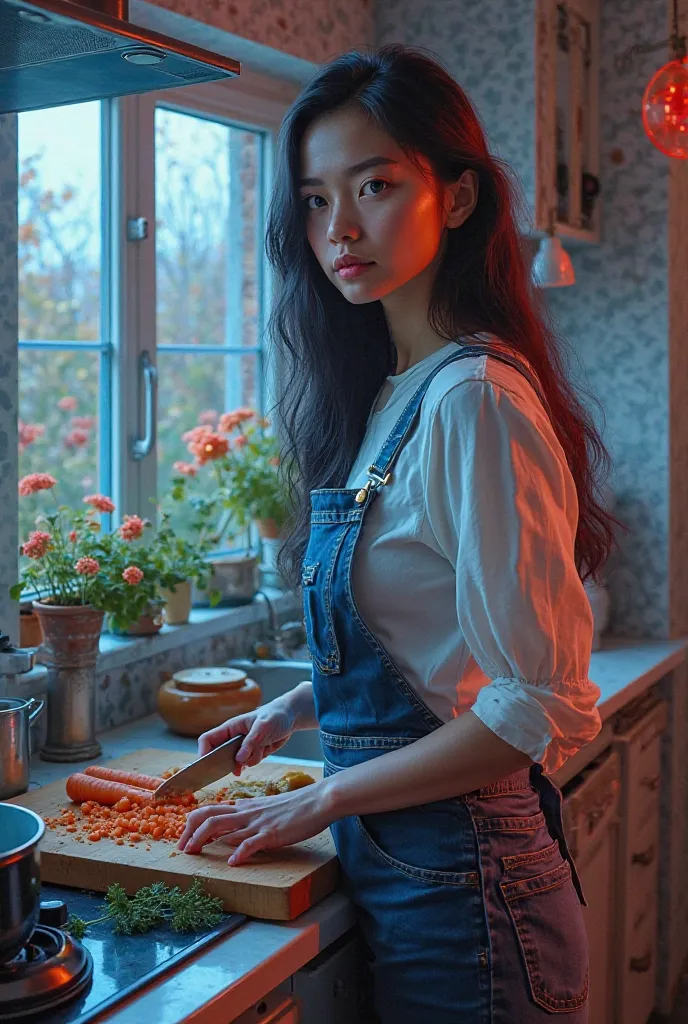 Realistic oil painting of a 28 year old Russian girl, porcelain skin, detailed features, intense blue eyes, long jet black hair. She is wearing a cook's apron, blue jeans and a white shirt. She is standing cutting carrots on a countertop, next to her is a ...