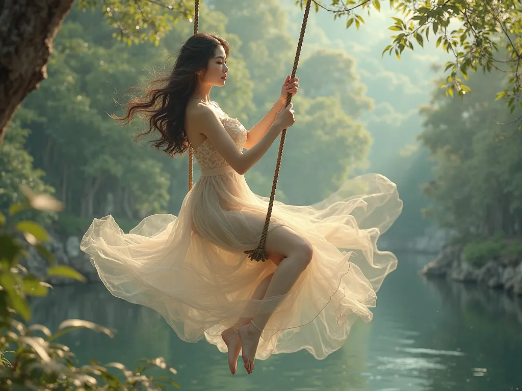 Curvy Asian woman, on a rope swing, dress billowing in the breeze