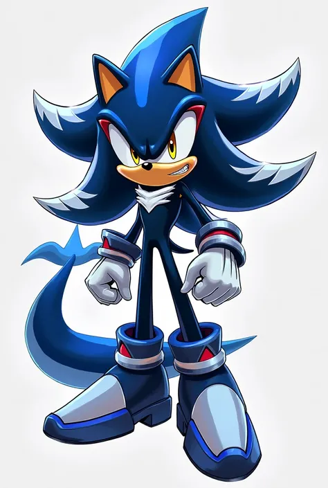 shadow the hedgehog character vorlage. in blue and white.  slim muscular body . white pleura. A shark tail. Serrated quills with white highlights.  golden eyes. 