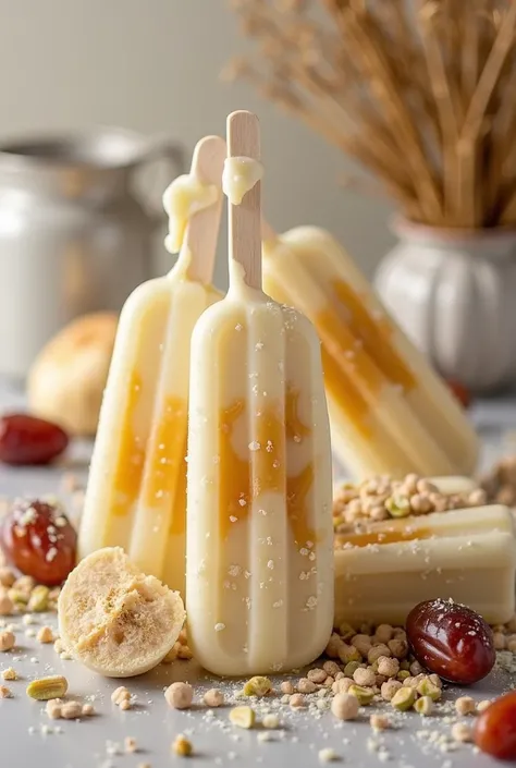 GENERATE AN IMAGE OF ICE POPSICLES SUPPORTED BY WHAT YOU CREATE, THEY ARE POPSICLES OF WHITE CHOCOLATE, POSTACHOS, AND DATES, MAKE IT LOOK TEMPTING