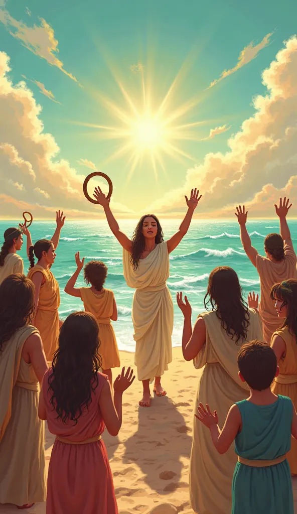 The Israelites are gathered on the shore of the Red Sea, celebrating the victory with songs of praise. Men, women and ren raise their hands to the sky, dance and play simple instruments such as drums and harps. Miriam, Moses' sister, stands prominently in ...