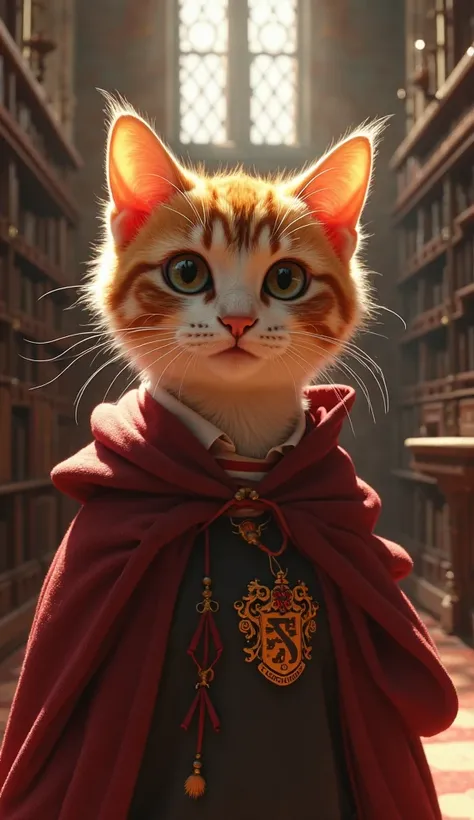 Hogwarts gryffindor building student cat, perfect picture,  realistic,  ultra-detailed , HDR, high resolution, flawless lighting, Professional, Vivid colors, shiny, lass, Cute , curious expression, furry, soft glances, sunny interior, rich detail, gölgeler...