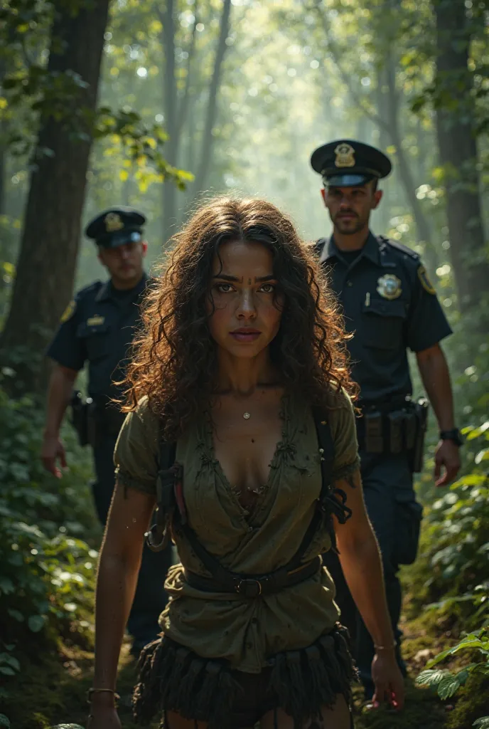 Draw a curly-haired brunette arrested by the police in the forest.