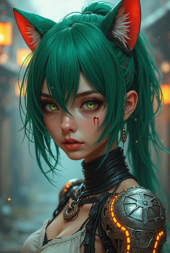 
Promt:
 Beautiful girl , cat ears,  green hair, 1 full metal arm with neon lighting, scar near the eye from an old battle,  cyberpunk style, Middle Ages, close-up, anime

