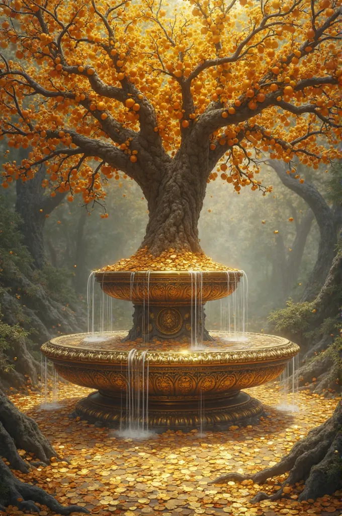 Tree of abundance in gold next to the fountain of desires surrounded by gold coins