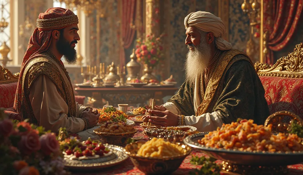 Make an arab king and abu nawas again sitting face to face in the living room in the palace and full of food