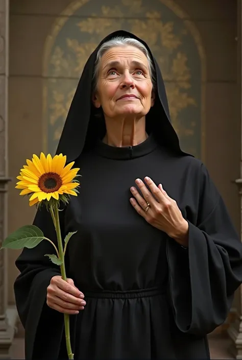 I want an image for a poster of the woman in the photo, Santa Paula Frassinetti, that represents the age of the character in the photo and who wears the same clothing: black habit. You may be holding a sunflower. That the image has a blurred background. Th...