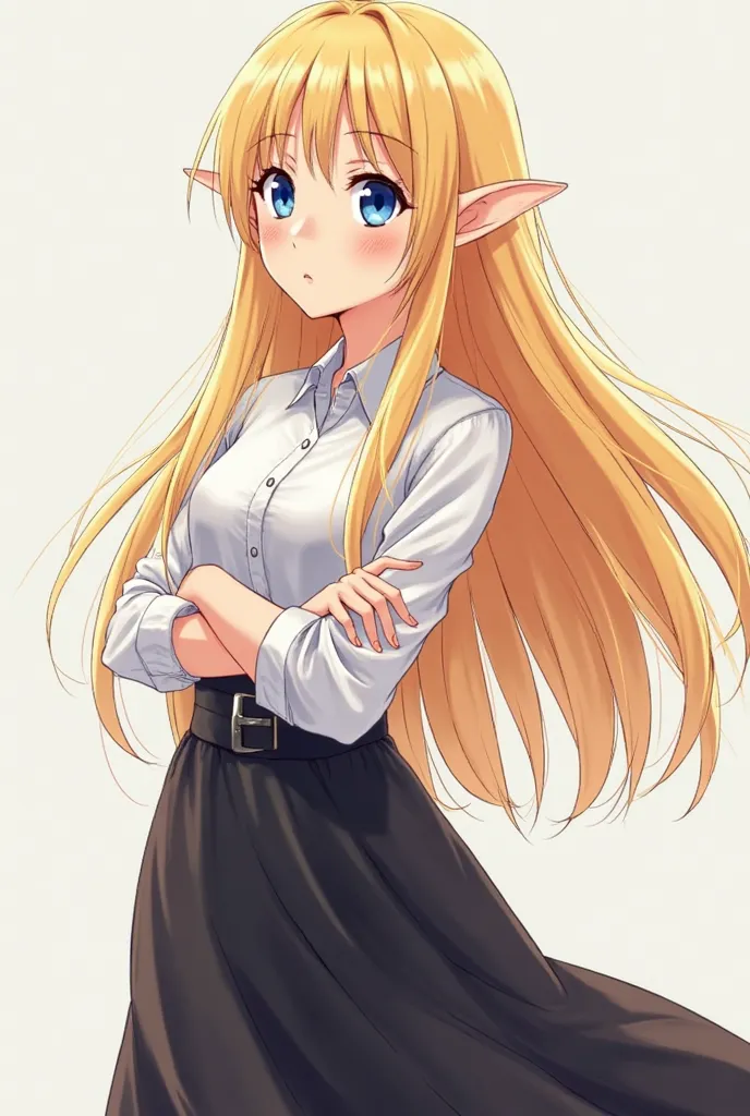 A beautiful girl with flowing long blond hair without bangs ,  She has blue eyes , plump lips,  little elf ears, she is wearing a white you-style shirt and a long black skirt, she is depicted in anime style " reincarnating an unemployed "