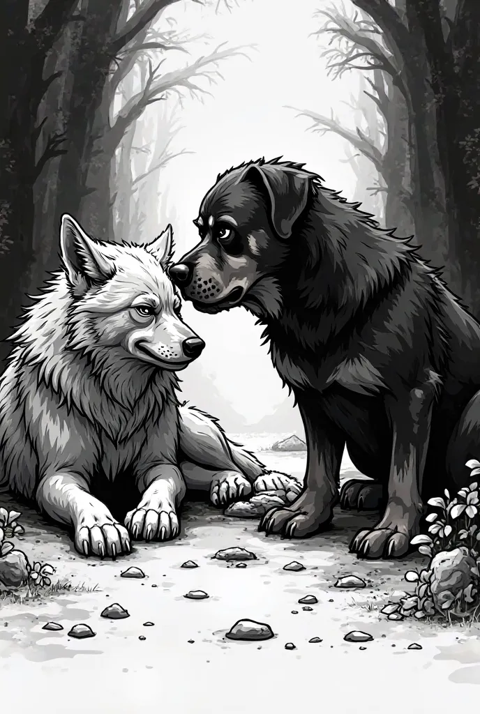 Black and white cartoon story of an injured wolf and a Rottweiler. 