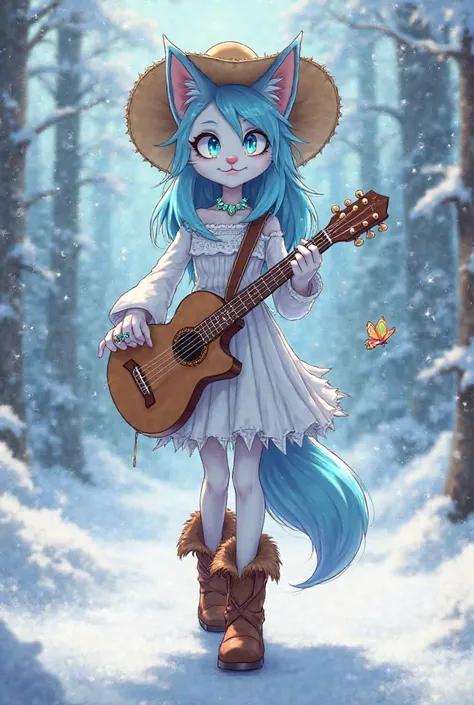 SnowWolf,Female Sonic OC,eyes glowing pure white,Blue fur,White hair with aurora Borealis color highlights on the hair,A white tiered dress paired with brown cowboy boots and a straw cowboy hat. Turquoise necklace and ring add a pop of color. Includes a gu...