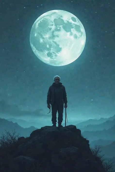  A middle-aged man, silhouetted, stands on a solitary rock, holding a walking stick, as he gazes at a large full moon in the night sky. The scene is evocative of an inner journey and 