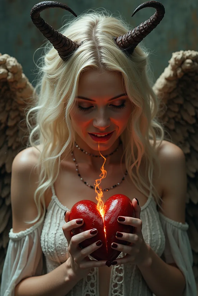 A beautiful blonde in angel garb with devil's horns holds a heart in her right hand and tears it apart,devilish laughter,evil laugh,demonic laughter,devilish eyes,Bad spiteful eyes,Half archangel half devil, Demonic atmosphere , grim, frightening, creepy,