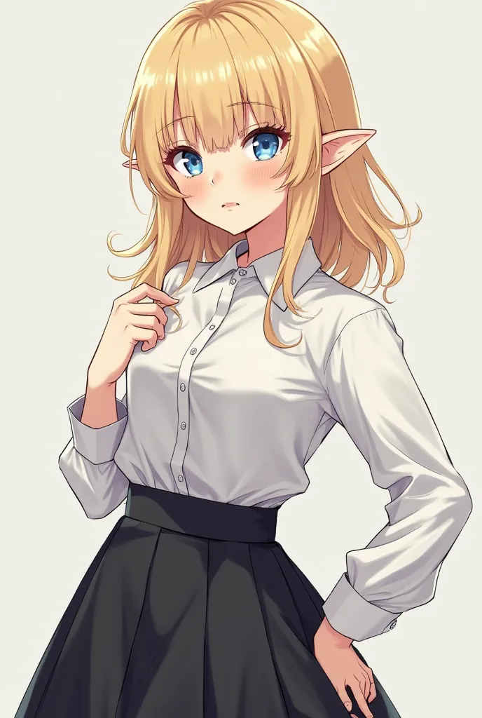 Beautiful girl with loose blond hair without bangs ,  She has blue eyes ,  little elf ears, she is wearing a white you-style shirt and a long black skirt, she is depicted in anime style " reincarnating an unemployed "