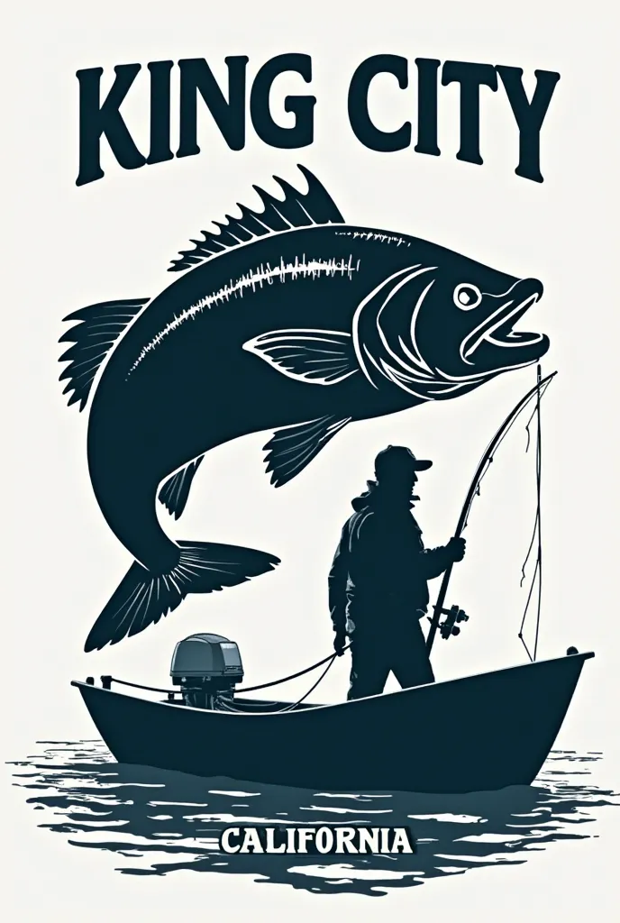 A logo that says “KING CITY” above in capital letters below that has a single fisherman with a silhouette with a large fish that covers the fisherman and the boat; on a boat and a fishing rod and under the fisherman say “CALIFORNIA”