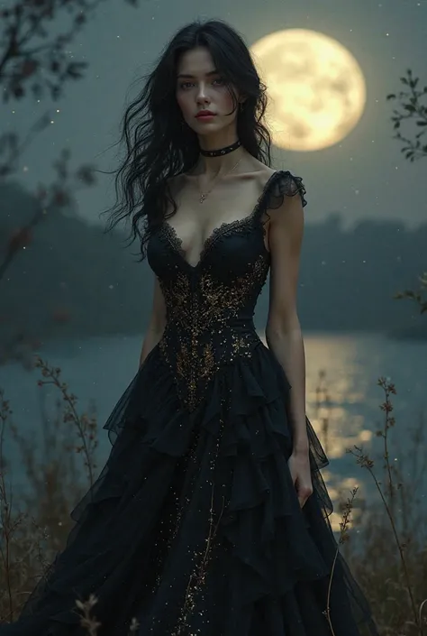 Image of a beautiful woman all dressed in black with gold thread in a full moon night environment