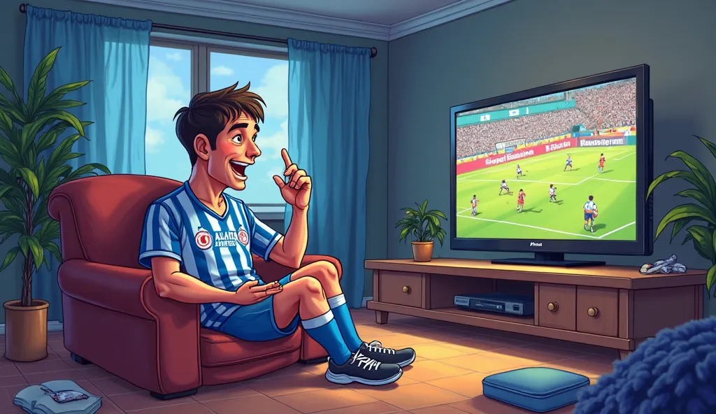 Create a cartoon of a man in Alianza Lima uniform watching an Alianza Lima match on television 