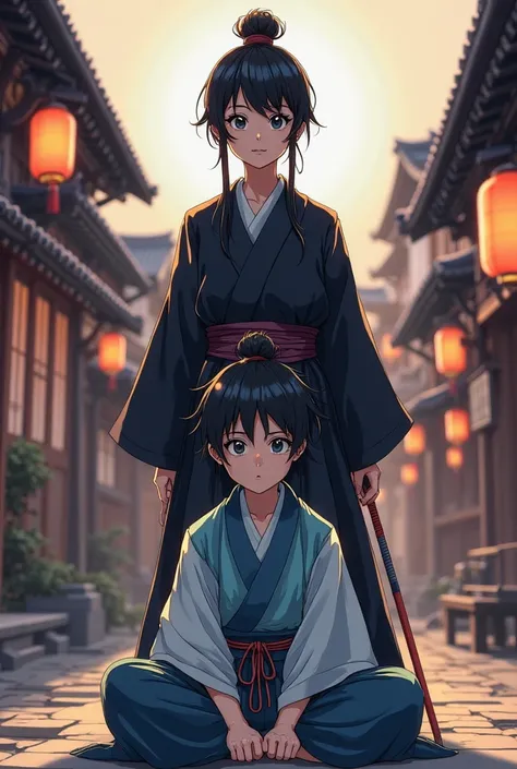 "Anime manga-style illustration, detailed and colored. A tall 18-year-old woman, 1m60 in height, with short black hair (length between her earlobes and shoulders), is dressed in a black warrior outfit. She stands behind a 15-year-old boy, who is 1m40 tall,...