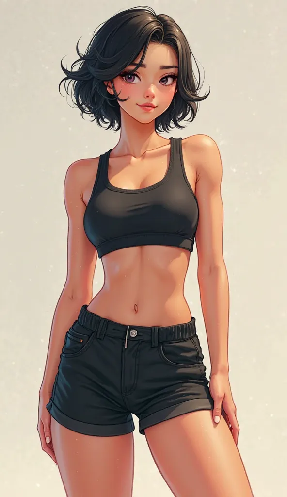 Generate a prompt from a white 20-year-old girl, Black hair in short stand-up shorts 