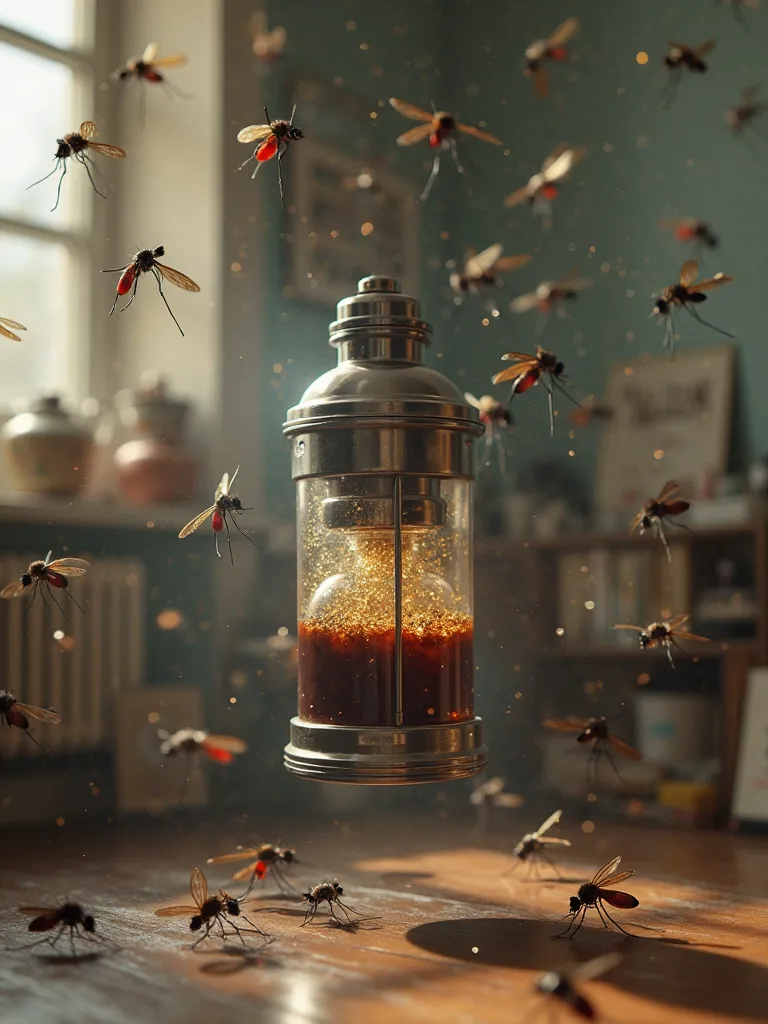 Imagine an atomizer filled with coffee liquid , Roaming on mosquitoes that fly in the room of a house 