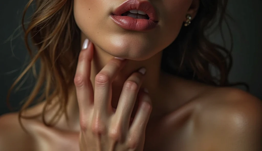 A close-up of an incredibly seductive woman about to kiss the viewer. Her lips are full, wet, and slightly parted, inviting and teasing at the same time. Her skin is flawless, with a soft glow that enhances the sensuality of the image. A few strands of her...