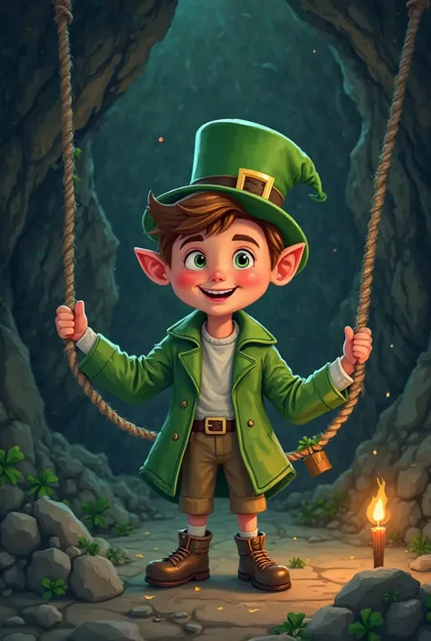 Make an image for a flyer, in which there is a boy with a St. Patrick's Day elf trapped in a net. The background has to be a dark cave with torches, and the boy's face who smiles as if he were doing a trick and that the leprechaun is half upset. And that t...