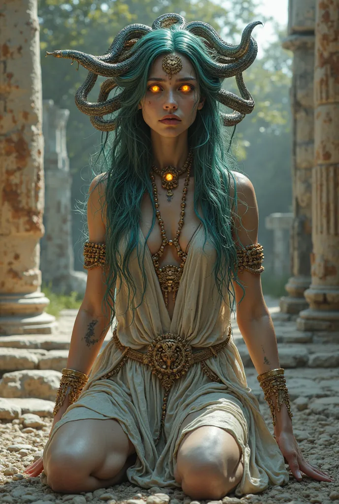 ((masterpiece)), (((bestquality))), ((ultra-detailed)), Gorgon kneeling in ruins of greek temple , crying,full body, Orange eyes, detailed face, beautiful detailed eyes, wet clothes，ancient greek tunic, greco-roman clothes, greek ruins ， (high detailed ski...