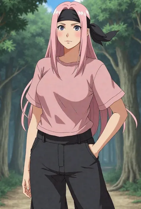 Catch Naruto Shippuden. Big older woman.  light leather balcony. Long hair like light pink. Black bandana on the head as a headband of the people of the leaf. Girl's suit with light pink T-shirt tight to the body up to the navel. Black flared pants. Full b...