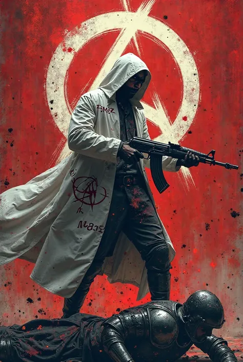 Anarchist scholar, stalker, anarchy flag in the background, wearing a white coat with formula E=mc^2, with ak in hand, defeats a knight with a cross