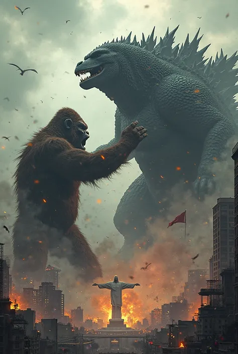 Godzilla and Kong fighting in destroyed Rio de Janeiro