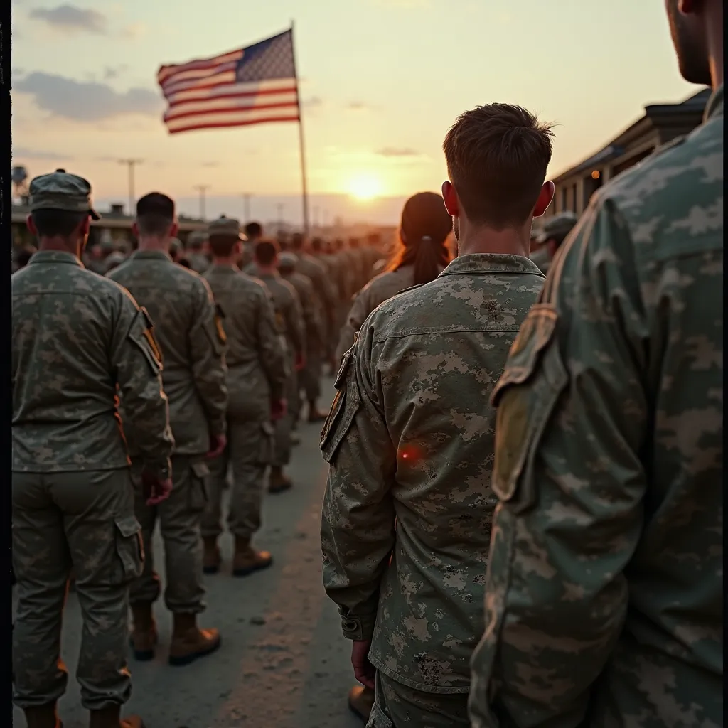 Create a professional photograph of soldiers returning from war being welcomed by their families in the military barracks. The soldiers are still in their dirty, war-torn uniforms, with mud stains and rough textures visible. In the foreground, the soldiers...