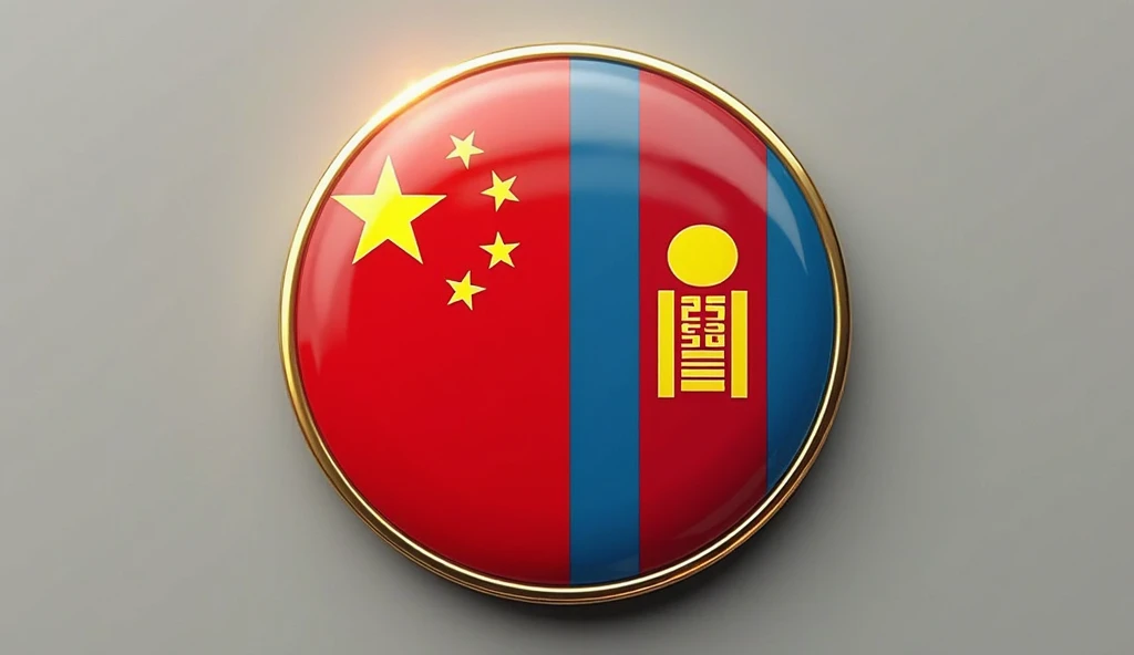 "A high-quality circular badge combining the flags of China and Mongolia in a clean and symmetrical design, without any text. The left half of the badge features the Chinese flag with a vibrant red background, a large yellow star, and four smaller yellow s...