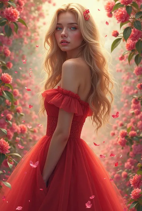 Beautiful girl in a red dress and a pink blooming garden,  combo, blue eyes and long golden hair , lots of colors