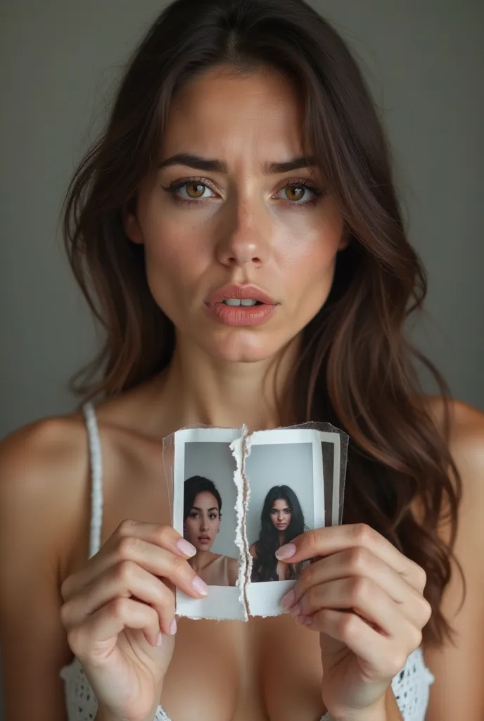 A beautiful, disappointed brunette woman with medium-open décolletage, holding a torn photograph in her hands. Her expression is a mix of guilt, shock, and regret, as if she has just been caught in a devastating betrayal. Her deep brown eyes look slightly ...