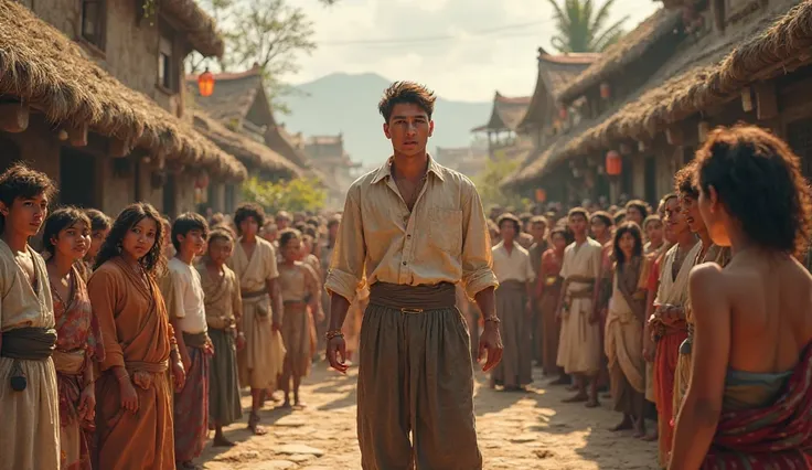 Young man in the middle of a village with people watching him