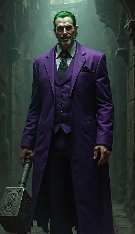 create a villain with a purple suit and green hair, holding a hammer and smiling evilly